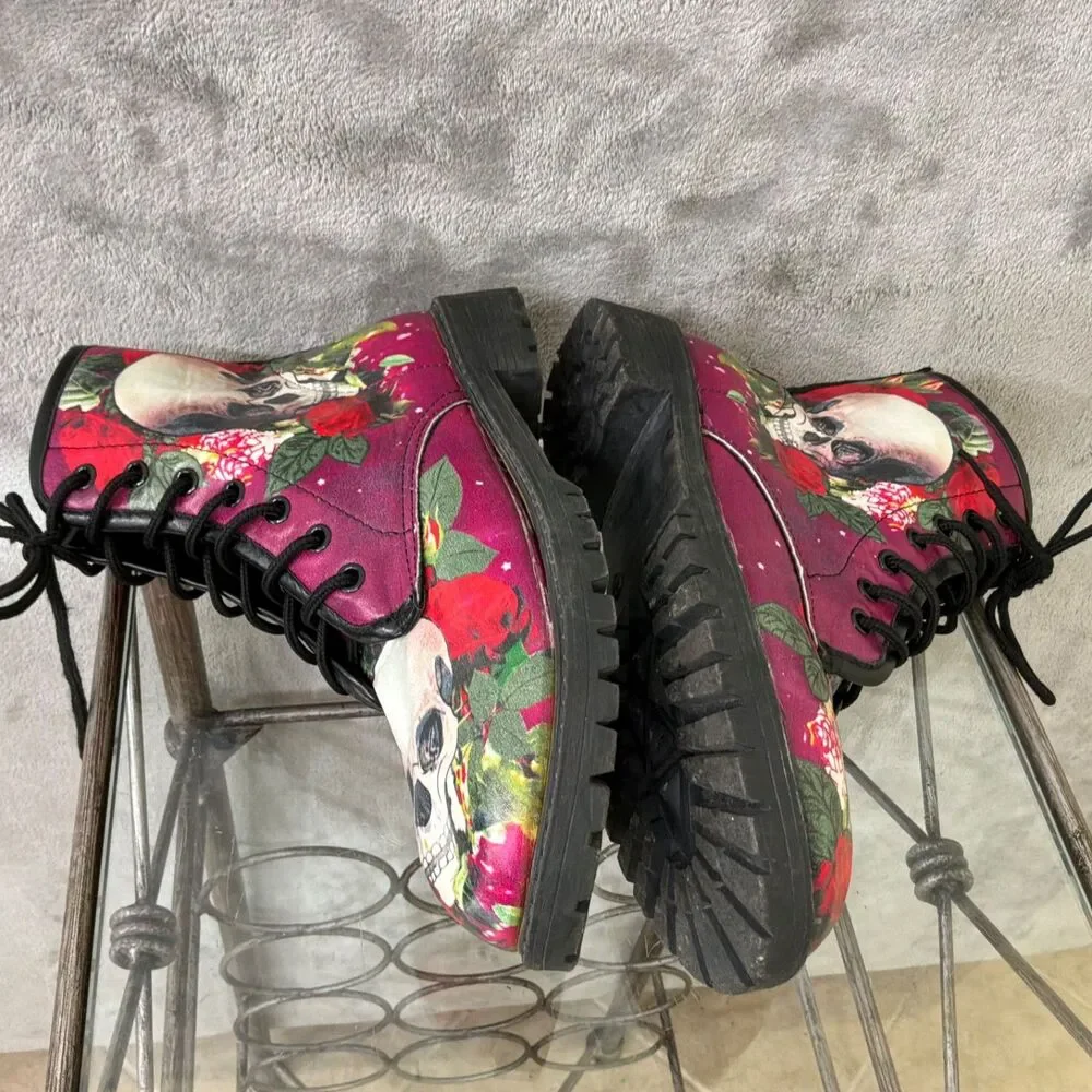 WOMENS Skull Roses Combat Boots  Goth Festival Rave Sz 40 / US 9 pink purple
